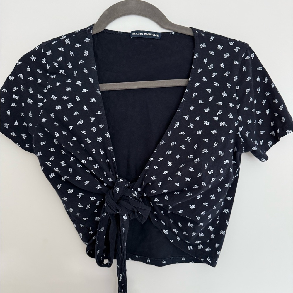 Navy Blue Floral Tie-Front Crop Top